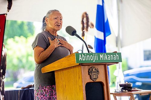 MIKAELA MACKENZIE / FREE PRESS

Elder Martha Peet speaks after lighting the qulliq at the Abinojii Mikanah renaming ceremony on Friday, June 21, 2024. 

For Joyanne story.

