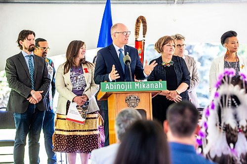 MIKAELA MACKENZIE / FREE PRESS

Mayor Scott Gillingham speaks (and city councillors stand behind him) at the Abinojii Mikanah renaming ceremony on Friday, June 21, 2024. 

For Joyanne story.

