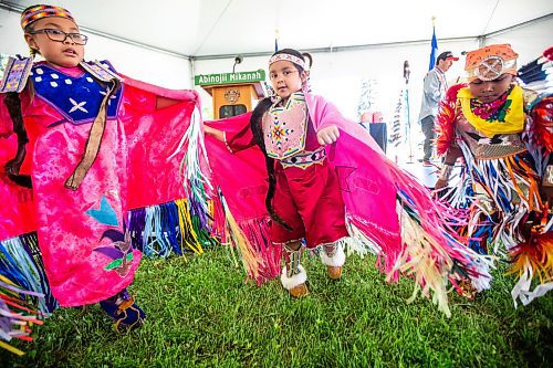 MIKAELA MACKENZIE / FREE PRESS

Callie Thompson (nine, left), Aubree Kakewash (six), and Kyrie Lawson (five) dance fancy shawl and boys fancy at the Abinojii Mikanah renaming ceremony on Friday, June 21, 2024. 

For Joyanne story.

