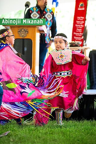 MIKAELA MACKENZIE / FREE PRESS

Callie Thompson (nine, left) and Aubree Kakewash (six) dance fancy shawl at the Abinojii Mikanah renaming ceremony on Friday, June 21, 2024. 

For Joyanne story.

