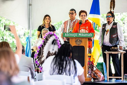 MIKAELA MACKENZIE / FREE PRESS

Elder Betty Ross speaks with other elders (who were also members of the naming circle) at the Abinojii Mikanah renaming ceremony on Friday, June 21, 2024. 

For Joyanne story.

