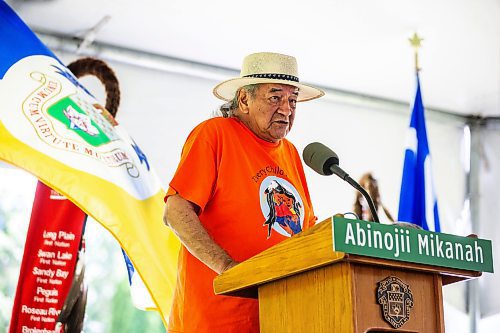 MIKAELA MACKENZIE / FREE PRESS

Dennis White Bird speaks on behalf of the Assembly of Manitoba Chiefs at the Abinojii Mikanah renaming ceremony on Friday, June 21, 2024. 

For Joyanne story.

