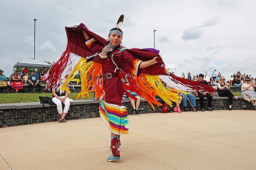 21062024
Mackenzie Courchene of Sioux Valley Dakota Nation demonstrates a fancy shawl dance as part of a Powwow demonstration for visitors to National Indigenous Peoples Day 2024 celebrations at the Riverbank Discovery Centre on Friday. The celebration included powwow demonstrations, a talent show, music, bannock and other activities.  
(Tim Smith/The Brandon Sun)