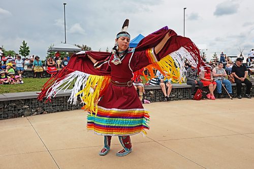 21062024
Mackenzie Courchene of Sioux Valley Dakota Nation demonstrates a fancy shawl dance as part of a Powwow demonstration for visitors to National Indigenous Peoples Day 2024 celebrations at the Riverbank Discovery Centre on Friday. The celebration included powwow demonstrations, a talent show, music, bannock and other activities.  
(Tim Smith/The Brandon Sun)