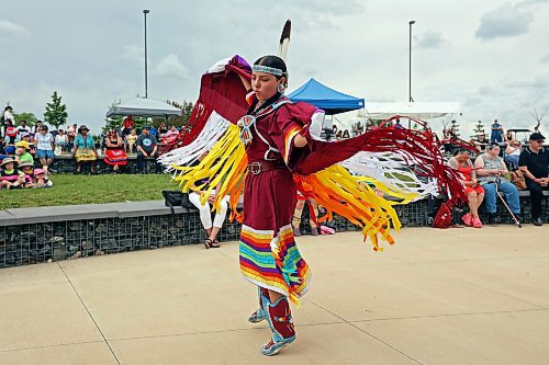 21062024
Mackenzie Courchene of Sioux Valley Dakota Nation demonstrates a fancy shawl dance as part of a Powwow demonstration for visitors to National Indigenous Peoples Day 2024 celebrations at the Riverbank Discovery Centre on Friday. The celebration included powwow demonstrations, a talent show, music, bannock and other activities.  
(Tim Smith/The Brandon Sun)