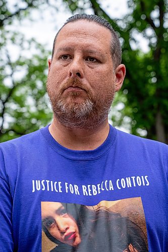 NIC ADAM / FREE PRESS
Travis Barsy, a family friend of the Contois, speaks at a memorial gathering for Rebecca Contois at Kildonan Park in conjunction with National Indigenous Peoples Day Friday evening. 
240621 - Friday, June 21, 2024.

Reporter: Erik