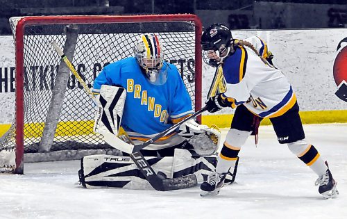 Keira Vines, who was captain on the championship U15 AAA Brandon Wheat Kings last season with then coach Karissa Kirkup, battles for the loose puck facing Team Blue's goaltender Shannon Hees during a Saturday afternoon scrimmage. Teammates last season, they both made the cut and will play in the U18 AAA Manitoba Female Hockey League for Kirkup again during the 2024-25 season. (Photos by Jules Xavier/The Brandon Sun)