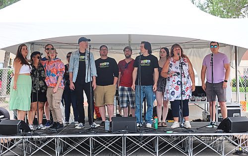 Mecca Theatre Company perform songs from their recent production of "Rent" at Saturday's “Kickin off Summer” downtown Brandon block party, a collaboration between The Dock on Princess, Section 6 Brewing Co., Kickin’ Axe., and Brandon Downtown BIZ. (Michele McDougall/The Brandon Sun) 