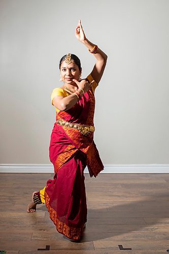 BROOK JONES / FREE PRESS
BRT Dance Academy is the only dance school in Manitoba specializing in Bharatanatyam, which is an ancient south Indian dance that originated in Tamil Nadu. Dancers were pictured at the dance academy in Winnipeg, Man., Saturday, June 15, 2024. PIctured: Harsha Blumey does a krishna dance pose.