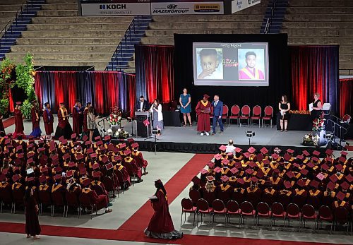 High school graduates receive their diplomas during Crocus Plains Regional Secondary School’s 2024 convocation at the Keystone Centre on Monday. (Tim Smith/The Brandon Sun)