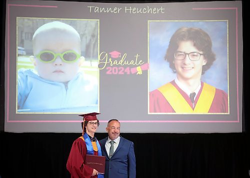 24062024
Graduate Tanner Heuchert poses for photos with Principal Bryce Ridgen under a photo of Tanner as a young child after receiving his diploma during Crocus Plains Regional Secondary School&#x2019;s 2024 Convocation at the Keystone Centre on Monday.
(Tim Smith/The Brandon Sun)