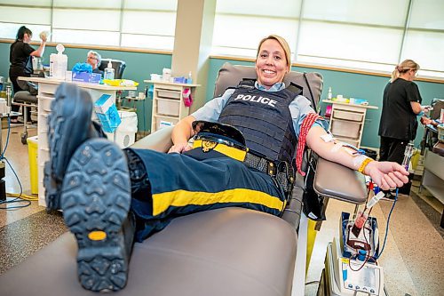 NIC ADAM / FREE PRESS
Manitoba RCMP Media Relations Officer, Corporal Julie Courchaine, gives blood at this year&#x2019;s Sirens for Life campaign at Canadian Blood Services Tuesday afternoon. 
240625 - Tuesday, June 25, 2024.

Reporter: Jura