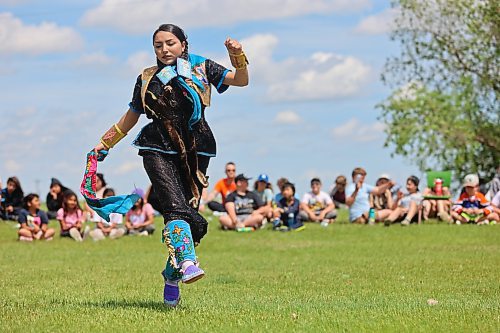 Autumn Muskego performs at the Chan Kagha Otina Dakota Wayawa Tipi School powwow in Birdtail Sioux First Nation on June 24. (Charlotte McConkey/The Brandon Sun)