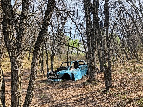 SCOTT GIBBONS / FREE PRESS
Brandon Hills or more evocatively known as the Blue Hills of Brandon due to their distant summertime hue. Originally formed by glaciers, the long ridge stretches for several kilometres east to west. the presence of a light-blue Volkswagen Beetle can be found — pockmarked with bullet holes and scarred with rust resembling dried splatters of blood.
