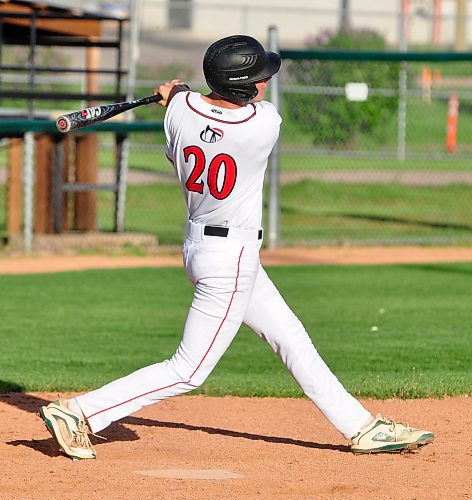 Oildome first baseman Tyler Robertson watches his hit at Andrews Field during his team's 2-1 loss to the 18U AAA Brandon Marlins. (Jules Xavier/The Brandon Sun)