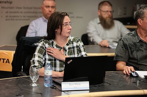 Mountain View School Division Ward 4 trustee Kerri Wieler contemplates an agenda item at the board of trustees' June 10 meeting. At their meeting earlier this week, Wieler said Education Minister Nello Altomare had threatened to dissolve the board. (Colin Slark/The Brandon Sun)