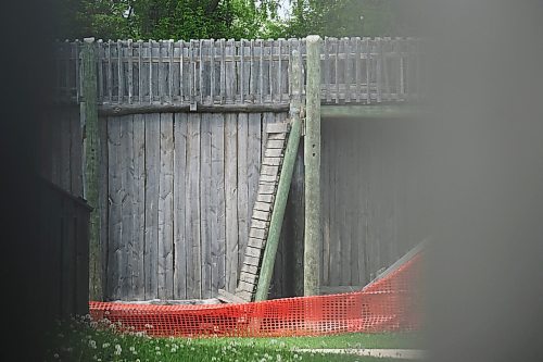 MIKE DEAL / WINNIPEG FREE PRESS
An orange fence has been placed around the section of Fort Gibraltar where several youths fell when a portion of an upper walkway collapsed Wednesday morning.
230601 - Thursday, July 1, 2023