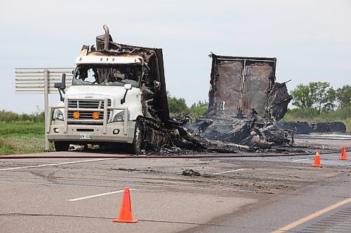 Eastbound traffic on the Trans-Canada Highway just west of Alexander was diverted on Thursday as emergency crews responded to a semi-trailer that caught fire. No one was injured in the fire. (Tim Smith/The Brandon Sun)