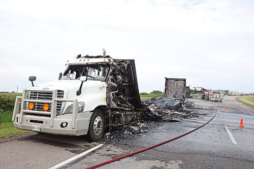 Eastbound traffic on the Trans-Canada Highway just west of Alexander was diverted on Thursday as emergency crews responded to a semi-trailer that caught fire. No one was injured in the fire.
(Tim Smith/The Brandon Sun)
