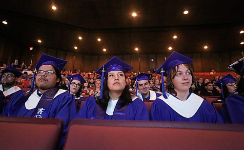 Prairie Hope High School students listen to remarks from principal Katherin MacFarlane during their graduation ceremony at the Western Manitoba Centennial Auditorium on Thursday. (Matt Goerzen/The Brandon Sun)