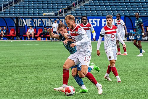 NIC ADAM / FREE PRESS
Valour FC&#x2019;s Tass Mourdoukoutas (13) during Thursday&#x2019;s game against York United FC at Princess Auto Stadium.
240627 - Thursday, June 27, 2024.

Reporter: Josh