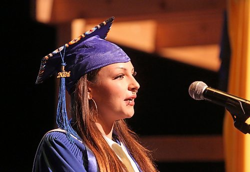 Tearan Delowski gives the student address to the graduates during the Prairie Hope High School graduation ceremony at the Western Manitoba Centennial Auditorium on Thursday afternoon. (Matt Goerzen/The Brandon Sun)