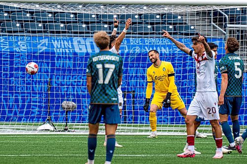 NIC ADAM / FREE PRESS
York United FC&#x2019;s goalkeeper, Thomas Vincensini, after letting in the first goal of the game during Thursday&#x2019;s game against  Valour FC at Princess Auto Stadium.
240627 - Thursday, June 27, 2024.

Reporter: Josh