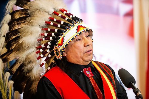 MIKAELA MACKENZIE / FREE PRESS

Sapotaweyak Cree Nation chief Nelson Genaille speaks at a signing ceremony between three First Nations and the province of Manitoba at the Manitoba Legislative Building on Friday, June 28, 2024.

For Martin Cash story.

