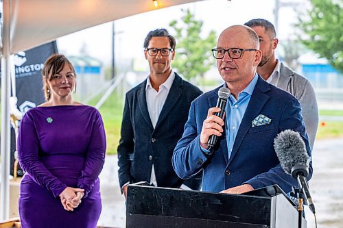 NIC ADAM / FREE PRESS
Winnipeg Mayor Scott Gillingham speaks at Carrington Real Estate&#x2019;s official sod-turning for a high-rise near Jubilee Station on Friday morning.
240628 - Friday, June 28, 2024.

Reporter: Gabby Piche