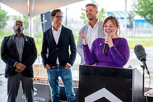 NIC ADAM / FREE PRESS
Fort-Rouge councilor Sherri Rollins speaks at Carrington Real Estate&#x2019;s official sod-turning for a high-rise near Jubilee Station on Friday morning.
240628 - Friday, June 28, 2024.

Reporter: Gabby Piche