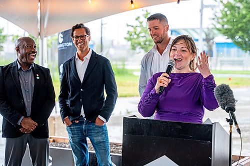 NIC ADAM / FREE PRESS
Fort-Rouge councilor Sherri Rollins speaks at Carrington Real Estate&#x2019;s official sod-turning for a high-rise near Jubilee Station on Friday morning.
240628 - Friday, June 28, 2024.

Reporter: Gabby Piche