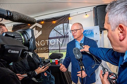 NIC ADAM / FREE PRESS
Winnipeg Mayor Scott Gillingham speaks to press at Carrington Real Estate&#x2019;s official sod-turning for a high-rise near Jubilee Station on Friday morning.
240628 - Friday, June 28, 2024.

Reporter: Gabby Piche