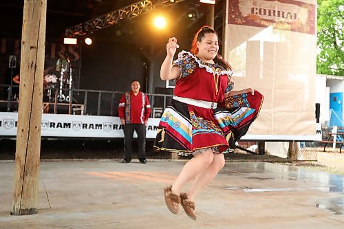 28062024
Cieanna Harris of the Ivan Flett Memorial Dancers, performs during Dauphin&#x2019;s Countryfest on a wet Friday afternoon. (Tim Smith/The Brandon Sun)