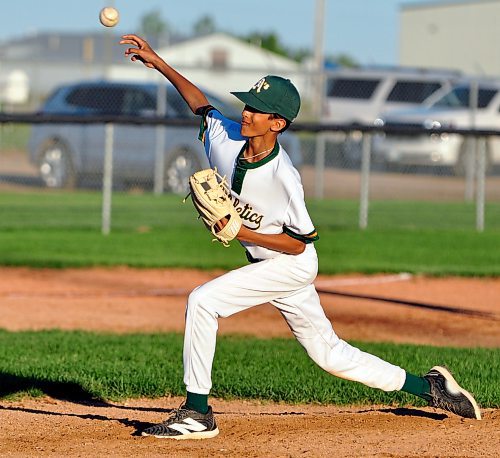 Winnipeg St. James A's pitcher Jake Gorgo went up against the Okotoks Dawgs Academy 13U AAA team on Day 1 of the Canada Day Triple Crown Showdown at Simplot Park, with Dawgs third basemen Logan Halleran crushing two homers — he hit four on Day 1 — to pace his team to an easy 21-7 victory. Going 4-0 over two days, the Dawgs will play their championship game back home against the other Okotoks 13U instead of remaining in Brandon. (Jules Xavier/The Brandon Sun)