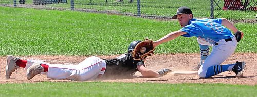 Josh Luimes with the 13U AAA Okotoks Dawgs Academy makes it back to first base to beat the pickoff attempt thrown by Brandon Marlins pitcher Austin Stratiluk to first baseman Carter McCannel. Okotoks improved to 4-0 with a 16-0 win over the Marlins on Day 2 of the Canada Day Triple Crown Showdown at Simplot Park. (Jules Xavier/The Brandon Sun)