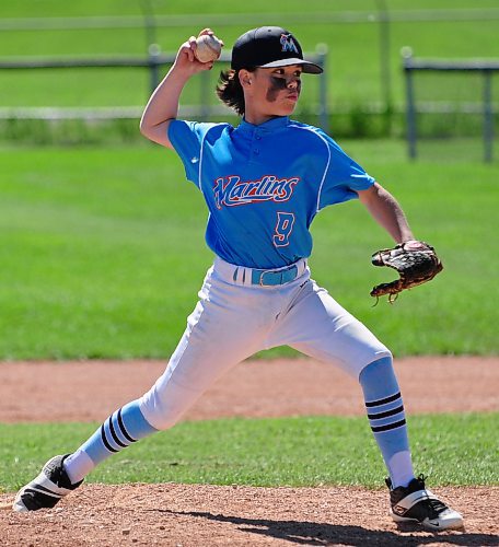 Easton Anderson (9) came on in relief of 13U AAA Brandon Marlins starter Austin Stratiluk during their 16-0 defeat facing the undefeated in four games Okotoks Dawgs Academy on Day 2 during the Canada Day Triple Crown Showdown at Simplot Park. (Jules Xavier/The Brandon Sun)