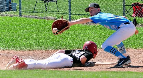 Okotoks Dawgs Academy 13U AAA runner Josh Luimes makes it back to first base to beat the pickoff attempt thrown by Brandon Marlins pitcher Austin Stratiluk to first baseman Carter McCannel. Okotoks improved to 4-0 with a 16-0 win over the Marlins on Day 2 of the Canada Day Triple Crown Showdown at Simplot Park. (Jules Xavier/The Brandon Sun)