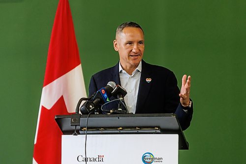 MIKE DEAL / FREE PRESS
Dan Vandal, Minister of Northern Affairs, PrairiesCan and CanNor; and Kevin Chief, Neeginan Centre Incorporated Board Member, Chairperson for the Centre for Aboriginal Human Resource Development (CAHRD) Board of Directors, announce that the federal government is putting $21.1 million towards infrastructure upgrades at the Neeginan Centre, a 100-year-old heritage building. The upgrades will address safety, accessibility and environmental concerns.
240702 - Tuesday, July 02, 2024.