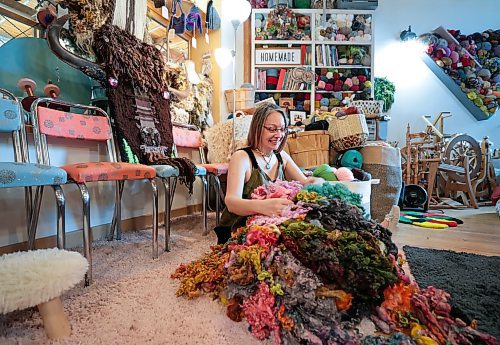 Ruth Bonneville / Free Press

ENT -  Fiber Artisit

Story: 49.8 The Creators  

Portrait of Fiber Artist, Maureen Winnicki Lyons with her colourful bag of wool from over the world in her collection at her studio.

Lyons is a fiber artist who works with wool and yarn. She has collected more than 200 kinds of wool from different breeds of sheep from all over the world although, for reasons of sustainability,  she prefers working with wool from sheep which are bred in Canada. 

She is putting the finishing touches to her life-size wool and yarn bison head which will be suspended from a fence or tree at the Prairie Outdoor Exhibit in this year's Folk Fest.

 
See story by AV Kitching 
Writer | Arts & Life | The Free Press

June 24tth, 2024