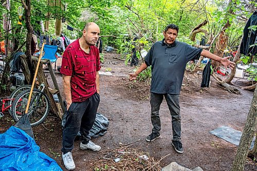 NIC ADAM / FREE PRESS
Chris Baron (left) and Alan Urrutia speak about the dispute between Street Links and Main Street Project who are at odds over an encampment on D'arcy Drive.
240703 - Wednesday, July 03, 2024.

Reporter: Nicole