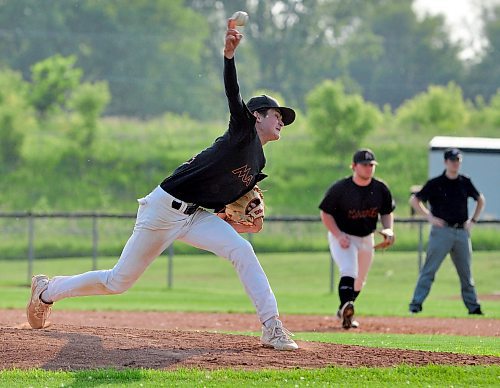 18U AAA Brandon Marlins starter Junior Martine had a solid outing Wednesday night at Sumner Field, keeping his team in the game down 3-2 to Midwest. Brandon would rally in the bottom of the sixth inning to take a 4-3 lead, but the adage things happen with two outs came to fruition for Midwest on the diamond at the top of the seventh. With two outs, and reliever Nolan Wright on the mound, two infield errors led to runs and Midwest went on to prevail 6-4. For a photo essay from the game, turn to page B3. (Jules Xavier/The Brandon Sun)