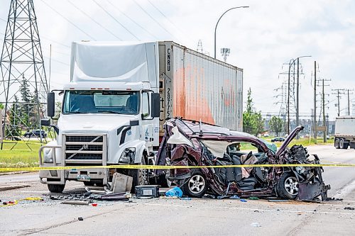 NIC ADAM / FREE PRESS
WPS at the scene of a serious motor vehicle collision on Lagimodiere Blvd and E Mint Pl that occurred around 10:20 on Friday morning. A woman was sent to hospital and is now in critical condition police say.
240705 - Friday, July 05, 2024.

Reporter: ?