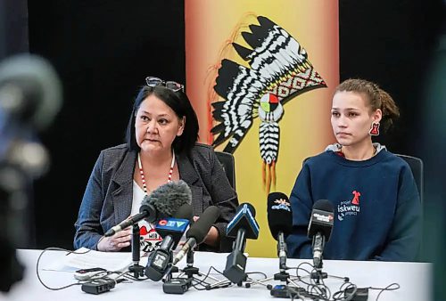 Grand Chief Cathy Merrick and Cambria Harris, daughter of Morgan Harris, at the AMC press conference announcing $40 million to search a Winnipeg-area landfill for the remains of Morgan Harris and Marcedes Myran. (Ruth Bonneville/Winnipeg Free Press)