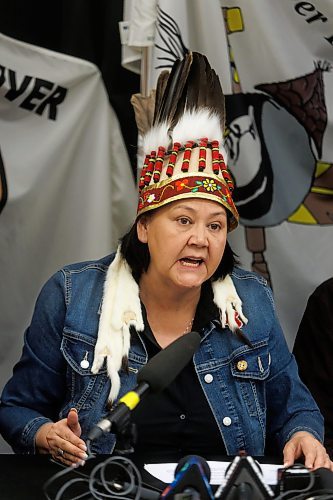 MIKE DEAL / FREE PRESS
Grand Chief Cathy Merrick, Assembly of Manitoba Chiefs speaks during a press conference that the Assembly of Manitoba Chiefs (AMC) held, at the CanadInns Regent Wednesday morning, in support of Chief Gordon Bluesky and Seven First Nations, regarding their Statement of Claim about the Red River Sewage Leak.
See Nicole Buffie story
240501 - Wednesday, May 01, 2024.