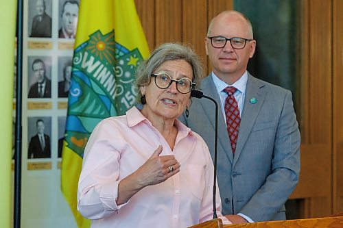 MIKE DEAL / FREE PRESS
Angela Birdsell, Executive Director of the WSO, speaks as Mayor Scott Gillingham hosts representatives from four of the major local performing arts organizations: Manitoba Opera, Winnipeg Symphony Orchestra, Royal Winnipeg Ballet and Royal Manitoba Theatre Centre, for a media announcement at City Hall to invite Winnipeggers to join him on Saturday, October 5 to attend the Mayor&#x2019;s Ball, a fundraising event to help support the organizations.
240705 - Friday, July 05, 2024.