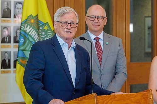 MIKE DEAL / FREE PRESS
Larry Desrochers, General Director and CEO of MB Opera, speaks as Mayor Scott Gillingham hosts representatives from four of the major local performing arts organizations: Manitoba Opera, Winnipeg Symphony Orchestra, Royal Winnipeg Ballet and Royal Manitoba Theatre Centre, for a media announcement at City Hall to invite Winnipeggers to join him on Saturday, October 5 to attend the Mayor&#x2019;s Ball, a fundraising event to help support the organizations.
240705 - Friday, July 05, 2024.