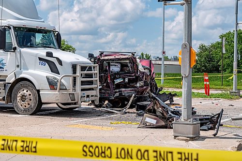 NIC ADAM / FREE PRESS
WPS at the scene of a serious motor vehicle collision on Lagimodiere Blvd and E Mint Pl that occurred around 10:20 on Friday morning. A woman was sent to hospital and is now in critical condition police say.
240705 - Friday, July 05, 2024.

Reporter: ?