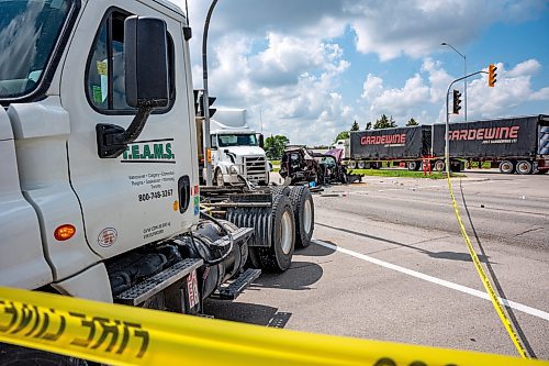 NIC ADAM / FREE PRESS
WPS at the scene of a serious motor vehicle collision on Lagimodiere Blvd and E Mint Pl that occurred around 10:20 on Friday morning. A woman was sent to hospital and is now in critical condition police say.
240705 - Friday, July 05, 2024.

Reporter: ?