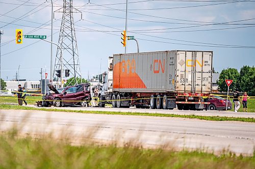 NIC ADAM / FREE PRESS
WPS at the scene of a serious motor vehicle collision on Lagimodiere Blvd and E Mint Pl that occurred around 10:20 on Friday morning. A woman was sent to hospital and is now in critical condition police say.
240705 - Friday, July 05, 2024.

Reporter: ?