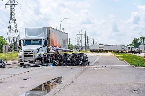 NIC ADAM / FREE PRESS
WPS at the scene of a serious motor vehicle collision on Lagimodiere Blvd and E Mint Pl that occurred around 10:20 on Friday morning. A woman was sent to hospital and is now in critical condition police say.
240705 - Friday, July 05, 2024.

Reporter: ?